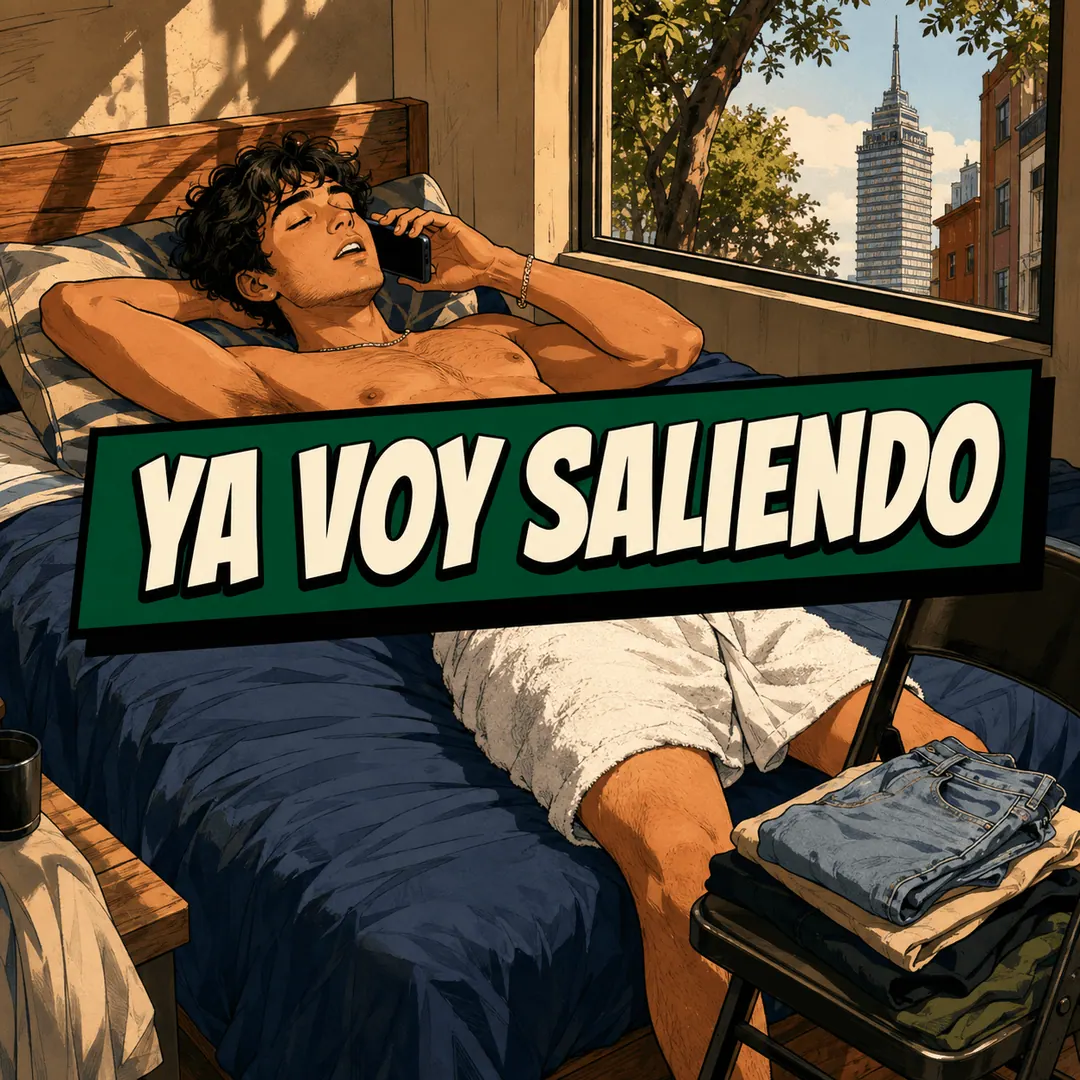 ya voy saliendo - a young man lying in bed on the phone with his jeans still folded on the chair